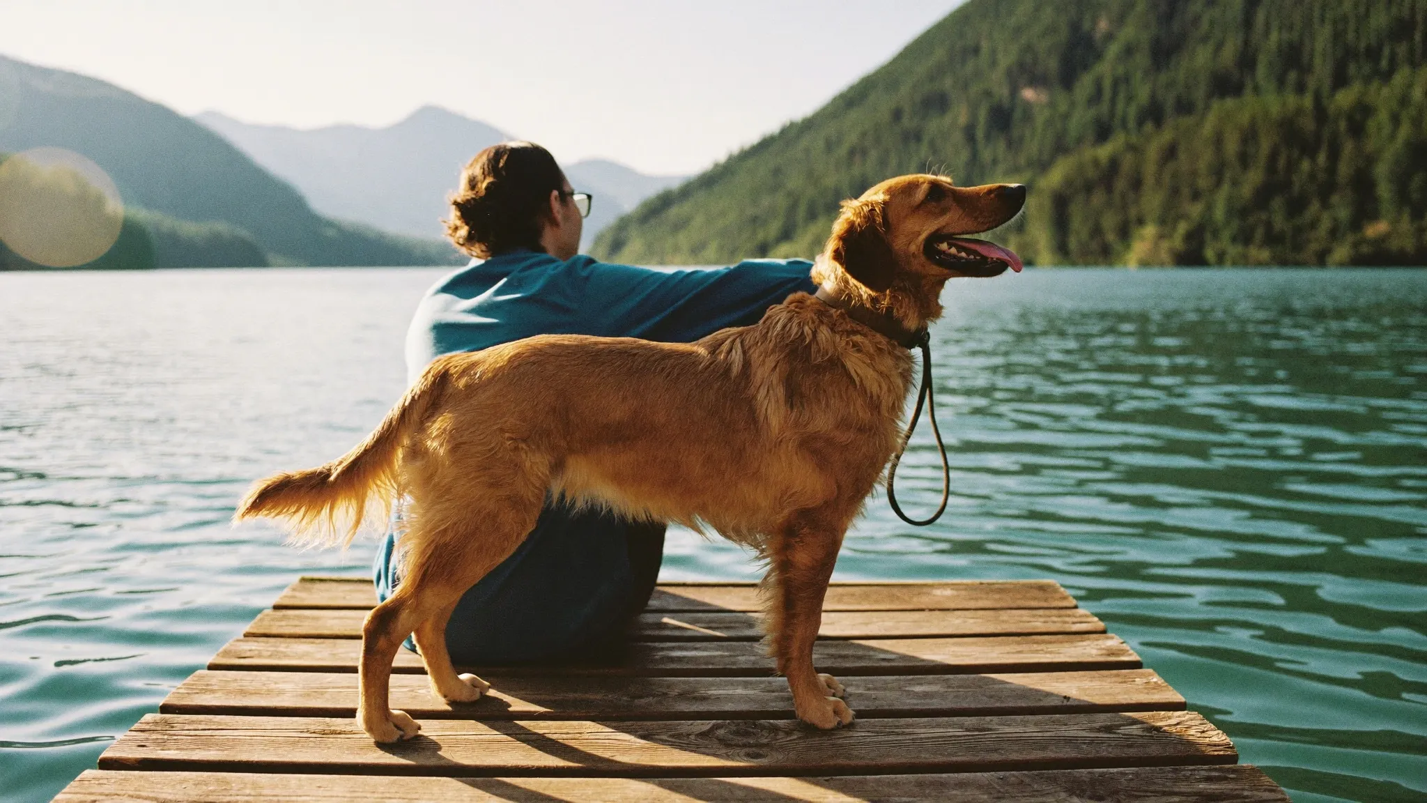 Hund mit Herrschen auf einem Steg an einem Bergsee im goldenen Abendlicht