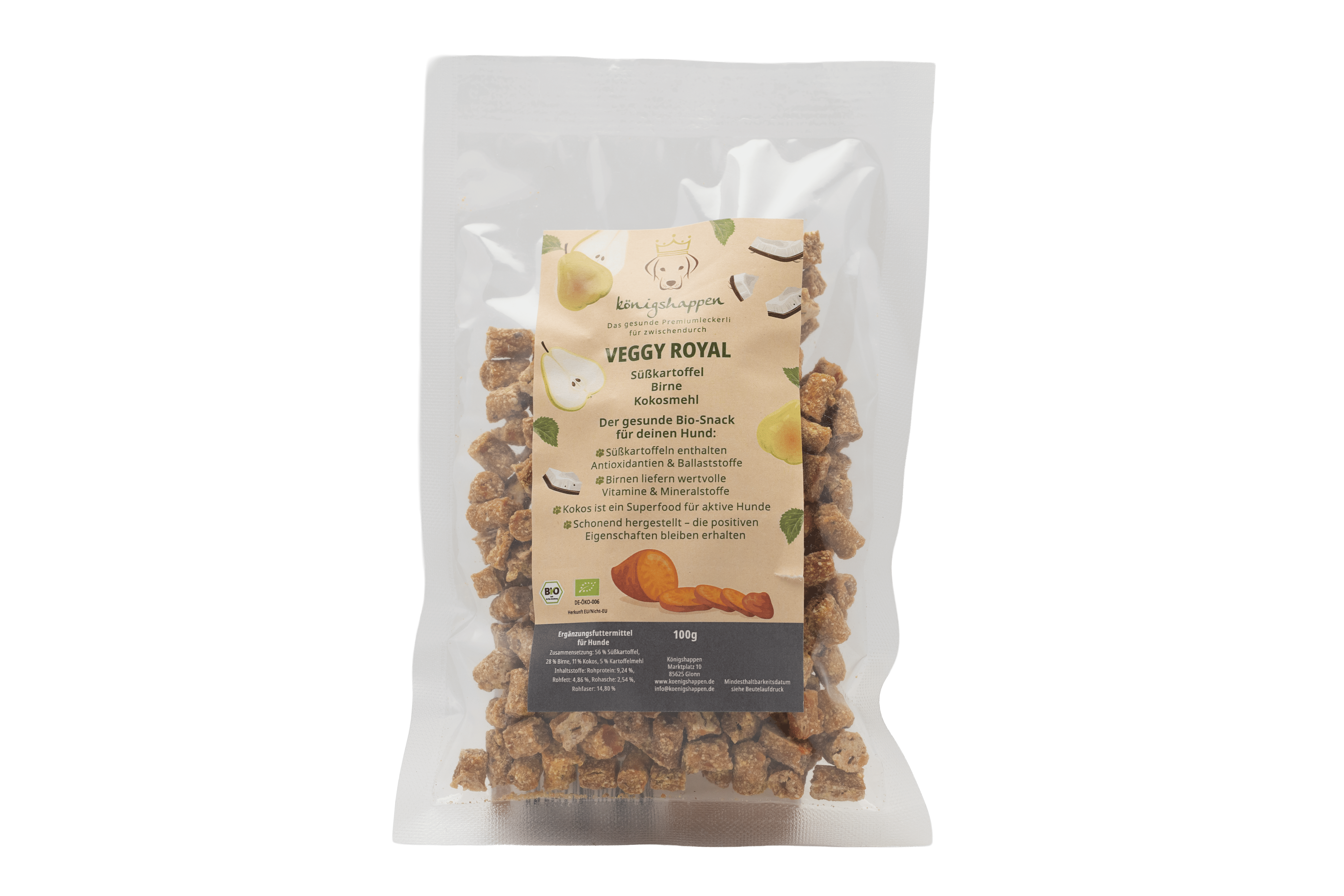 Veggy Royal — vegane Bio-Hundeleckerli aus Süßkartoffel, Birne und Kokos von Königshappen, 100g, getreidefrei